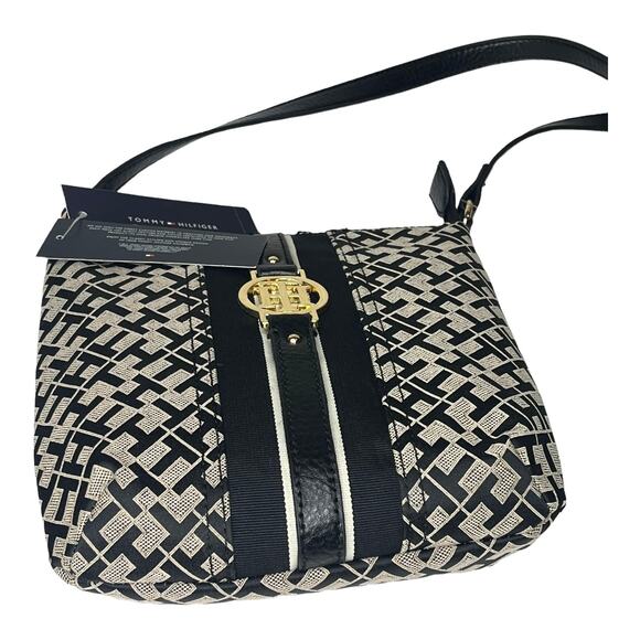 NEW Tommy Hilfiger CROSSBODY HANDBAG Black Tan Jacquard Faux Leather Logo Purse - Picture 3 of 7